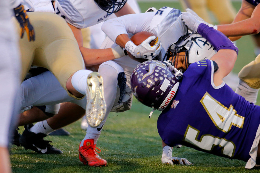 Linebacker Mason Turner and the Lake Stevens defense kept Gonzaga Prep’s triple-option attack in check. (Ryan Berry / The Herald)

