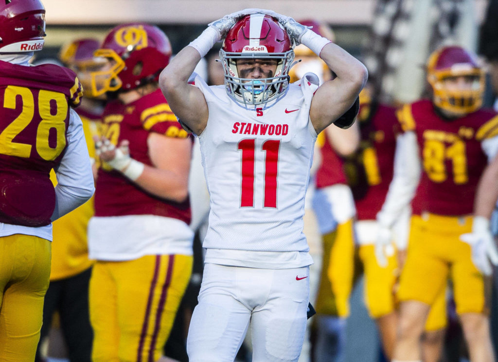 Stanwood’s Jordin Lee reacts to a turnover during the 3A quarterfinal game against Odea on Saturday, Nov. 19, 2022 in Seattle, Washington. (Olivia Vanni / The Herald)
