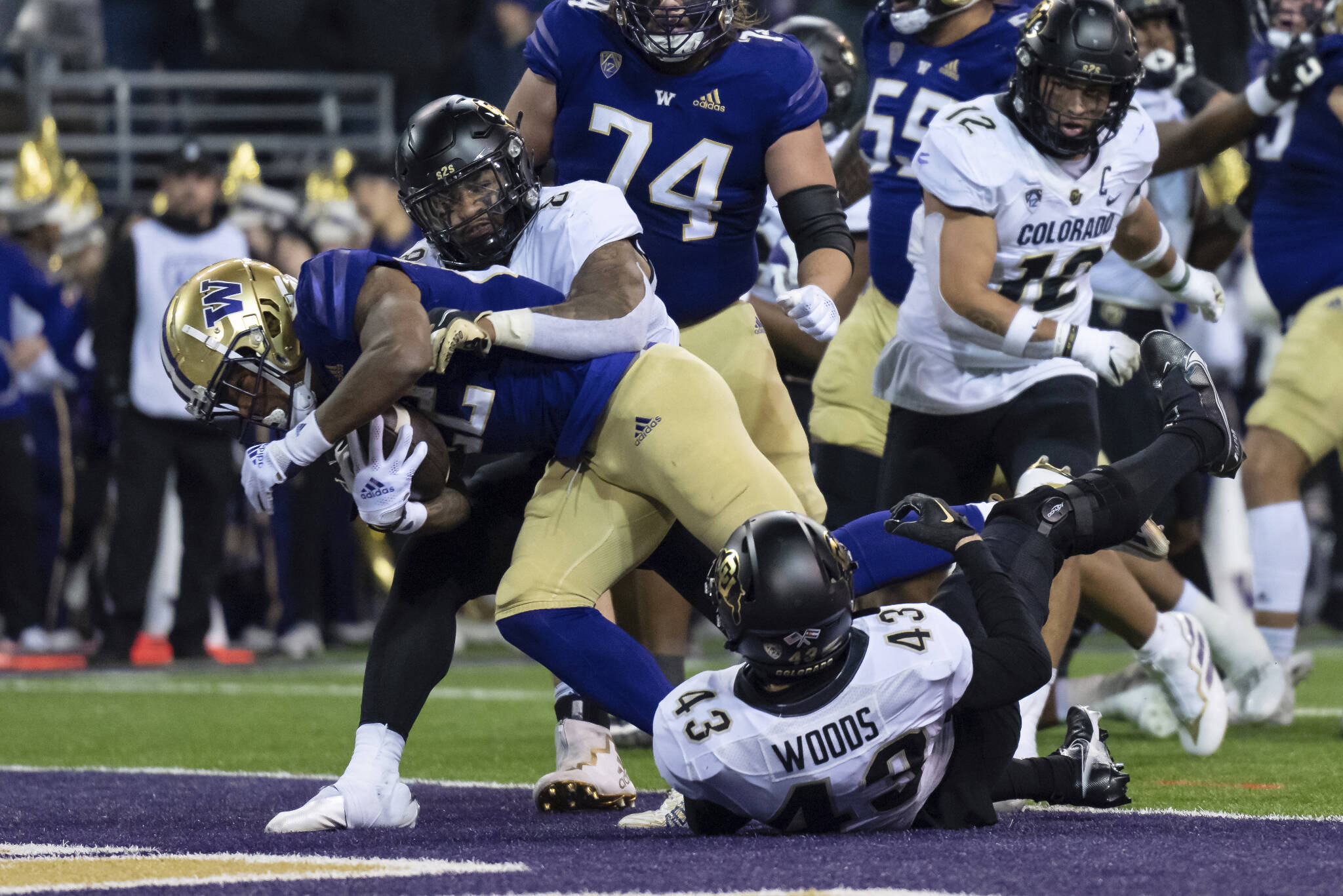 Washington running back Cameron Davis scores a touchdown against Colorado during the first half of a game Saturday in Seattle. (AP Photo/Stephen Brashear)