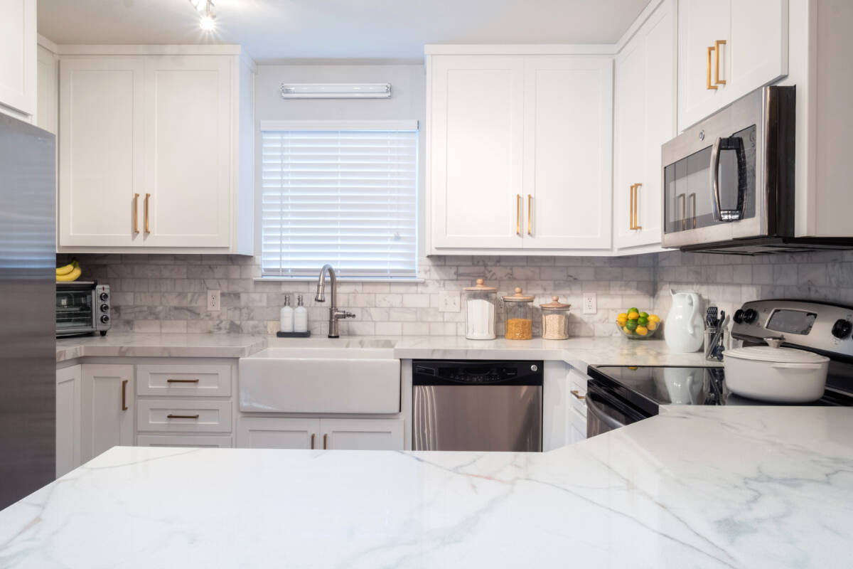 Using quartz, granite and recycled glass engineered surfaces, Granite Transformations' etherium by E-Stone surfaces are heat, stain, scratch, mold and mildew resistant. Photo courtesy Granite Transformations