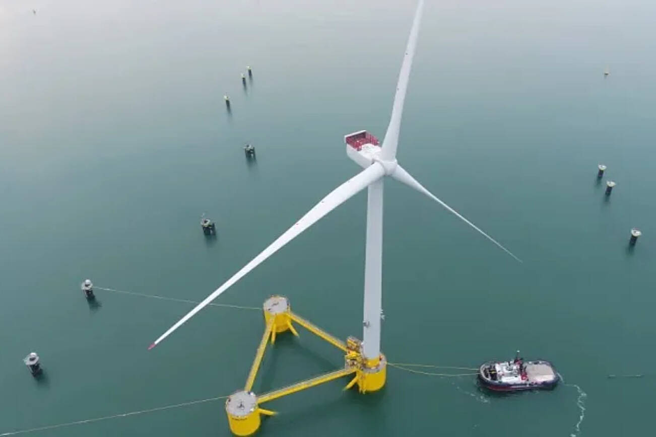 A floating offshore wind turbine platform is part of a windfarm off the coast of Aberdeen, Scotland. (Starkraft)