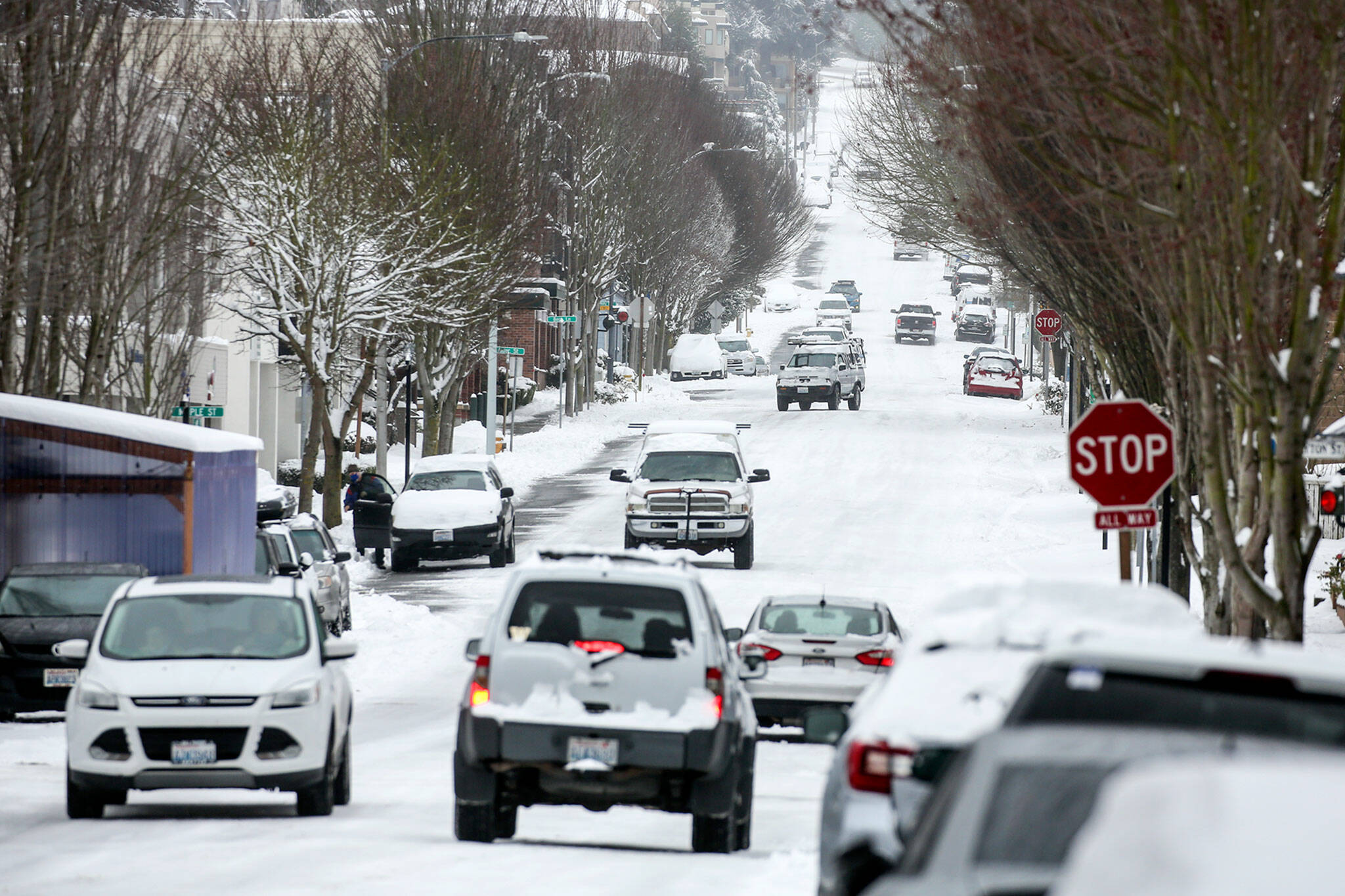 Snow is in the forecast for Snohomish County with between 1 and 4 inches likely by Wednesday from Arlington to Lynnwood. (Kevin Clark / Herald file)