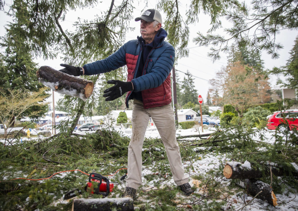 Terry Jackson throws a piece of tree branch as he uses a chainsaw to clean up storm debris on Wednesday, Nov. 30, 2022 in Edmonds, Washington. (Olivia Vanni / The Herald)
