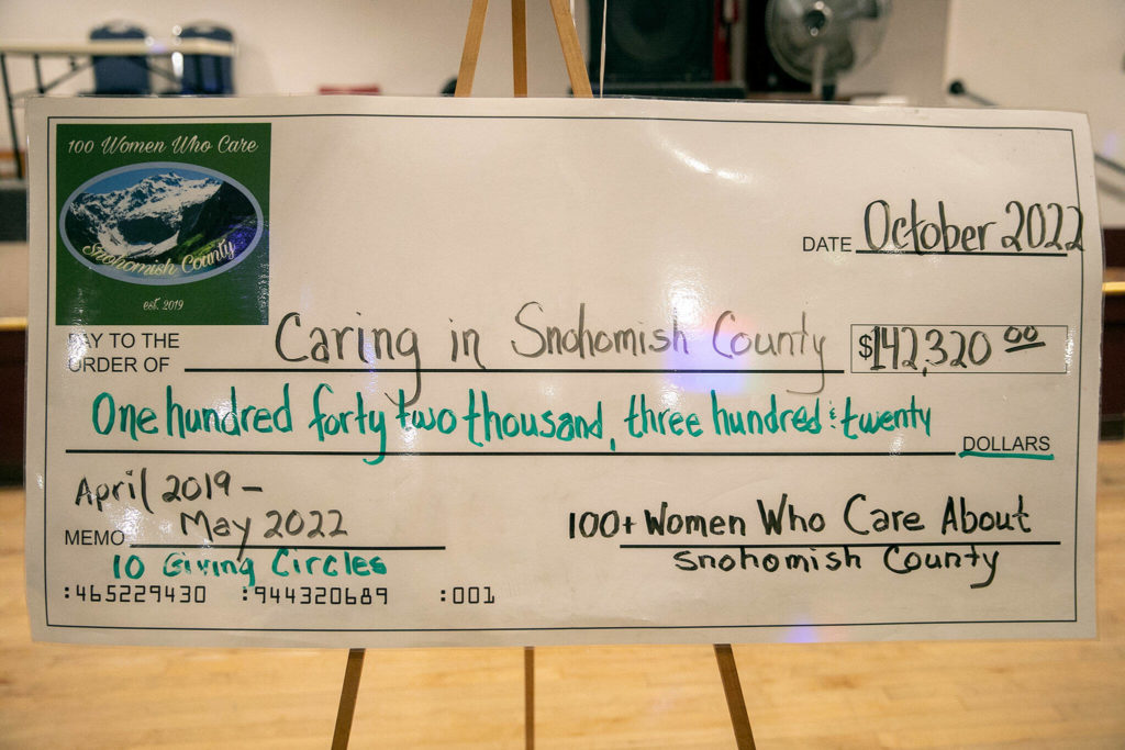 A check for more than $142,000, the amount raised since the group started but not including the funds raised at the October meeting, is displayed during 100+ Women Who Care About Snohomish County’s Giving Circle meeting at the Sons of Norway Normanna Lodge in Everett. (Ryan Berry / The Herald)
