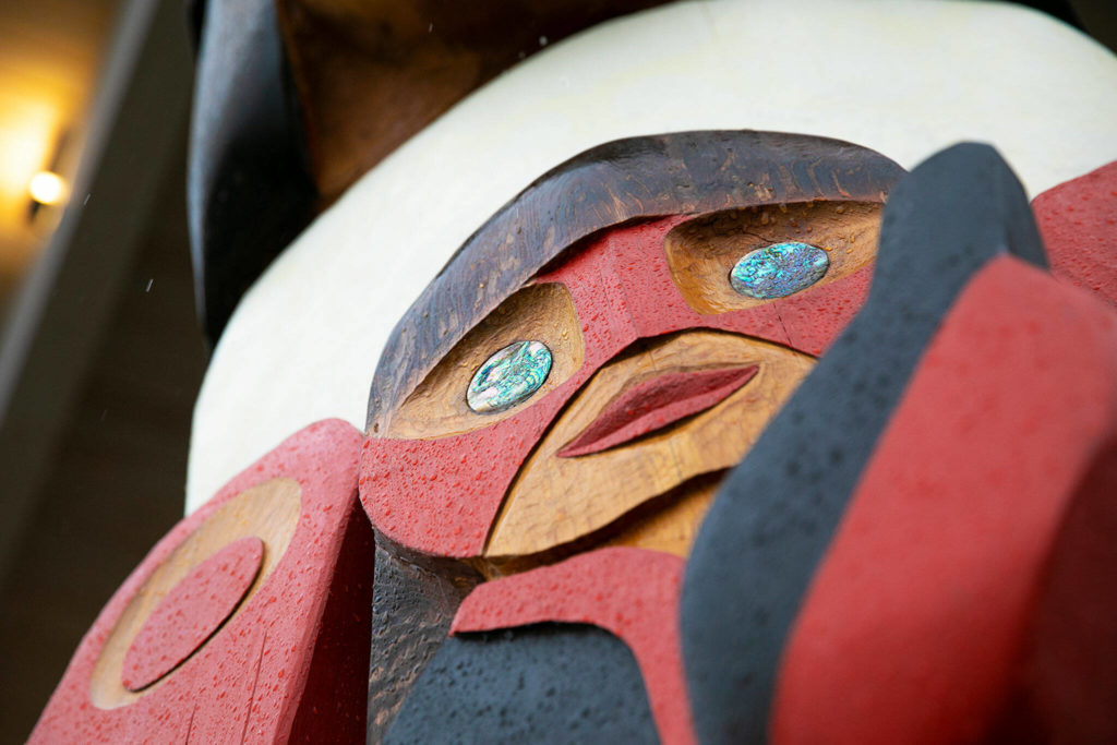 The figure features abalone eyes made by a friend of Juvinel’s. (Ryan Berry / The Herald)
