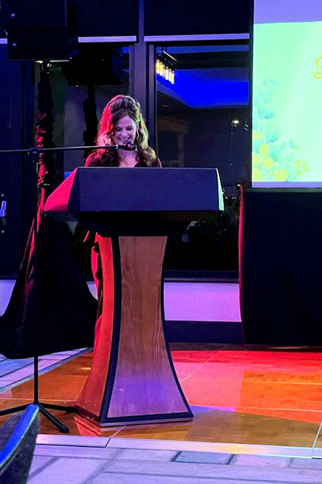Victim Support Services Executive Director Michaela Weber gives a speech at the Fall Ball fundraiser for local nonprofit Victim Support Services on Nov. 4, 2022 at Hotel Indigo in Everett. (Courtesy photo)