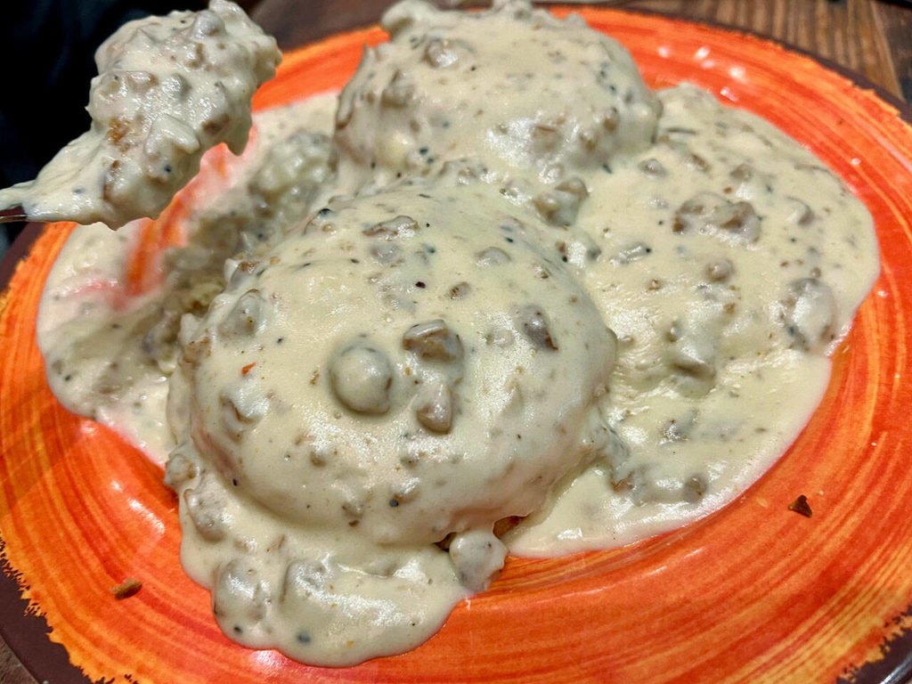 Biscuits and Gravy, $8, at Quil Ceda Creek Casino in Tulalip, where breakfast with numerous menu choices is served 24/7. (Andrea Brown / The Herald)
