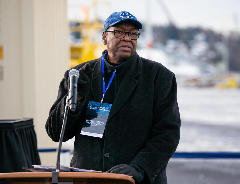Commissioner David Simpson greets the crowd during the dedication of the new Norton Terminal on Thursday, Dec. 1, 2022, at the Port of Everett in Everett, Washington. (Ryan Berry / The Herald)
