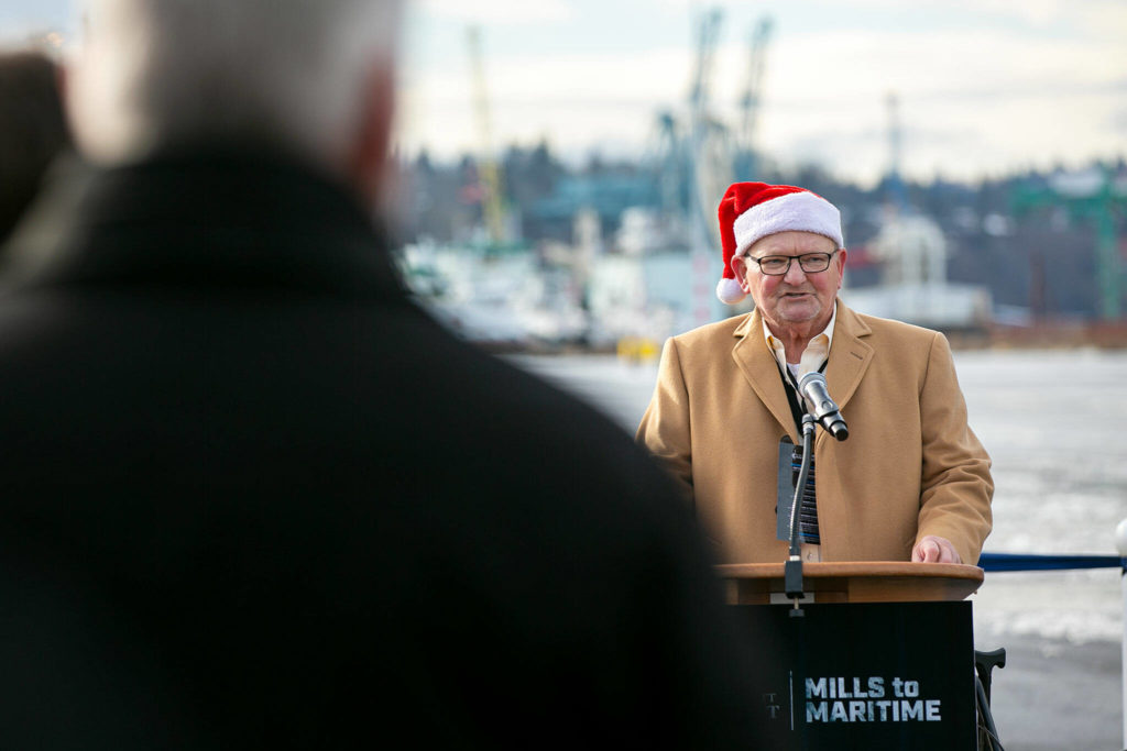 Commissioner Glen Bachman speaks briefly to thank people during the dedication of the new Norton Terminal on Thursday, Dec. 1, 2022, at the Port of Everett in Everett, Washington. (Ryan Berry / The Herald)
