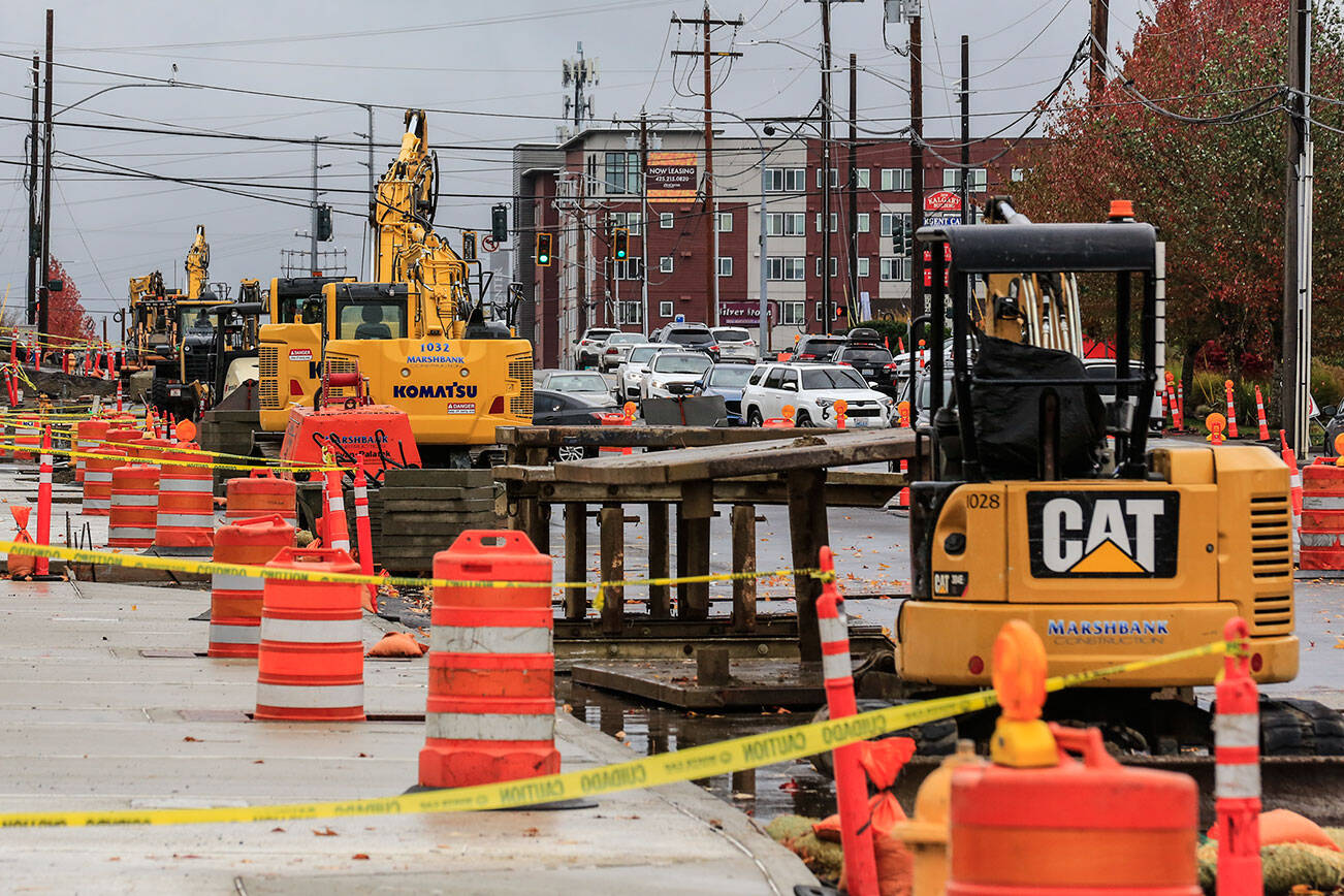 Construction along 196th Street SW in Lynnwood on October 28, 2021. (Kevin Clark / The Herald)