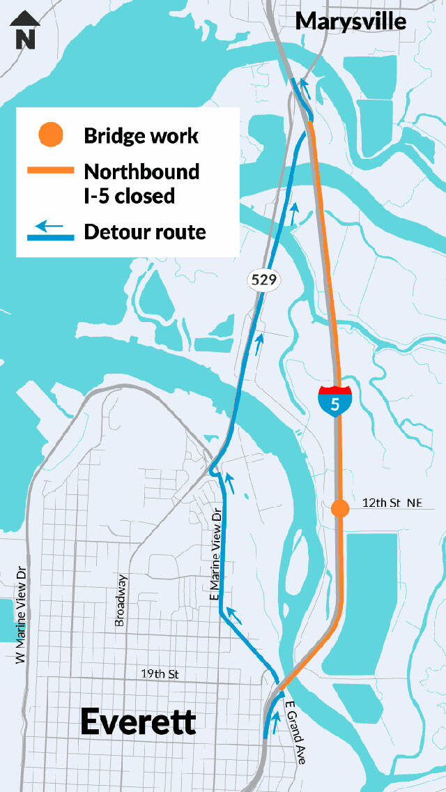 Crews will reduce lanes and eventually close northbound Interstate 5 between Everett and Marysville this week to work on a bridge overpass girder. (Washington State Department of Transportation)