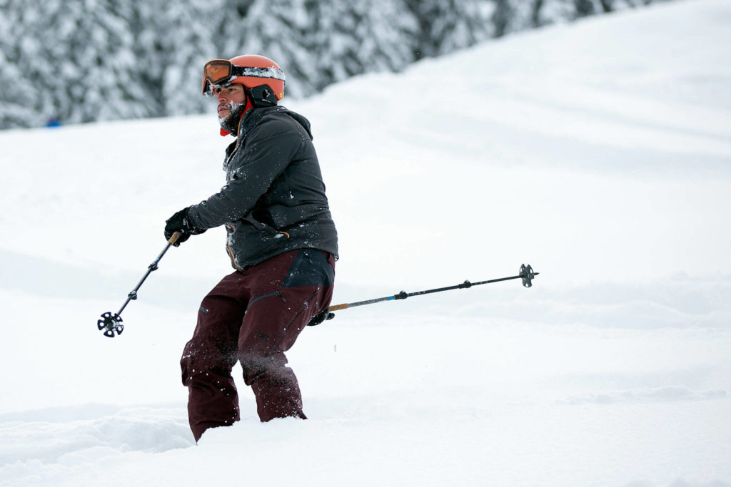 A skier heads down the mountain at Stevens Pass on Fridqy. (Ryan Berry / The Herald)
