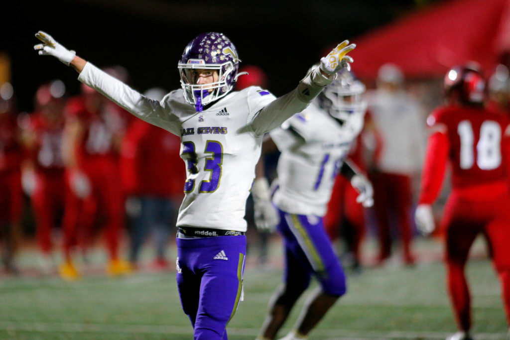 Lake Stevens free safety David Brown celebrates after a third-down incompletion by Kennedy Catholic. (Ryan Berry / The Herald)
