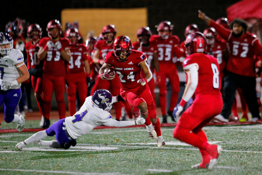 Kennedy Catholic’s Xe’Ree Alexander against Lake Stevens in the WIAA 4A State Football Championship game Saturday, Dec. 3, 2022, at Mount Tahoma Stadium in Tacoma, Washington. (Ryan Berry / The Herald)
