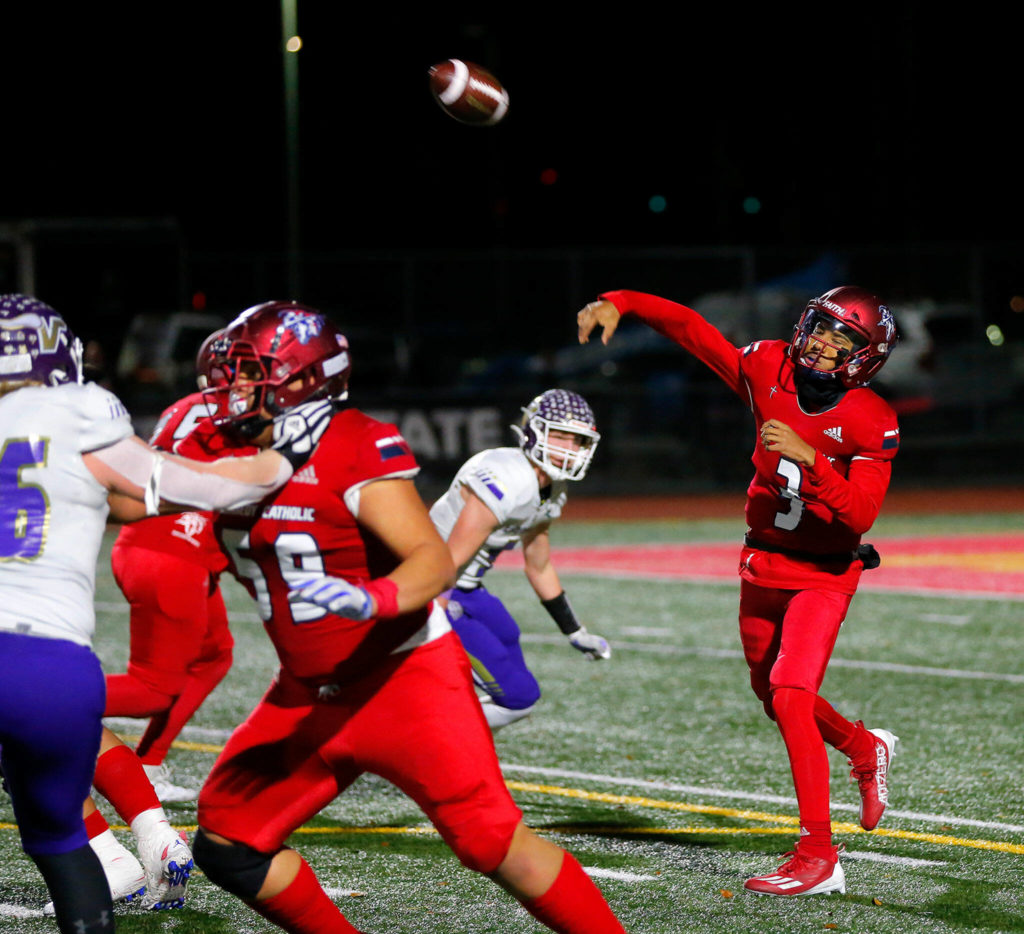 Kennedy Catholic’s Devon Forehand takes a shot down the field against Lake Stevens in the WIAA 4A State Football Championship game Saturday, Dec. 3, 2022, at Mount Tahoma Stadium in Tacoma, Washington. (Ryan Berry / The Herald)
