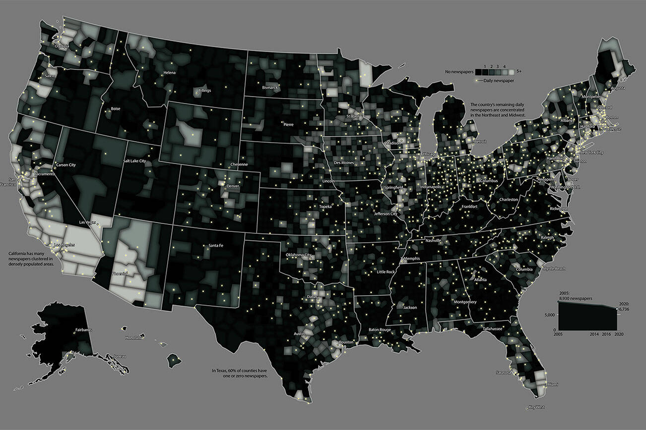 A map of the news deserts of the United States. White dots indicate daily newspapers; darker areas show the counties with the fewest — or no — daily newspapers; lighter areas show areas with more local news sources. (Washington Post)