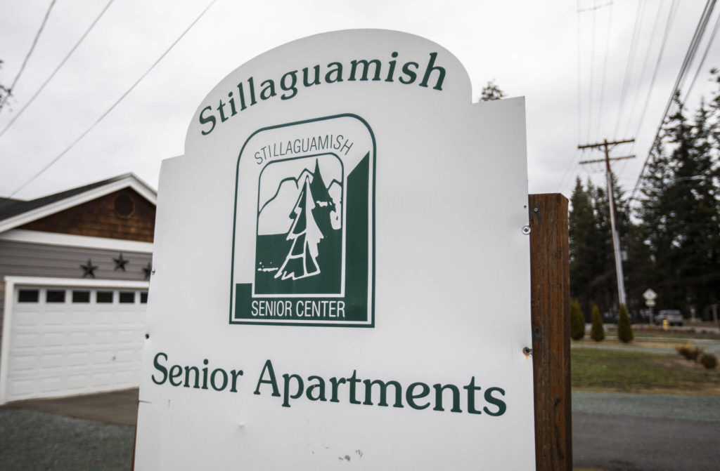 A sign at the entrance to the Stilly Valley Senior Center on Thursday, in Everett. (Olivia Vanni / The Herald) 
