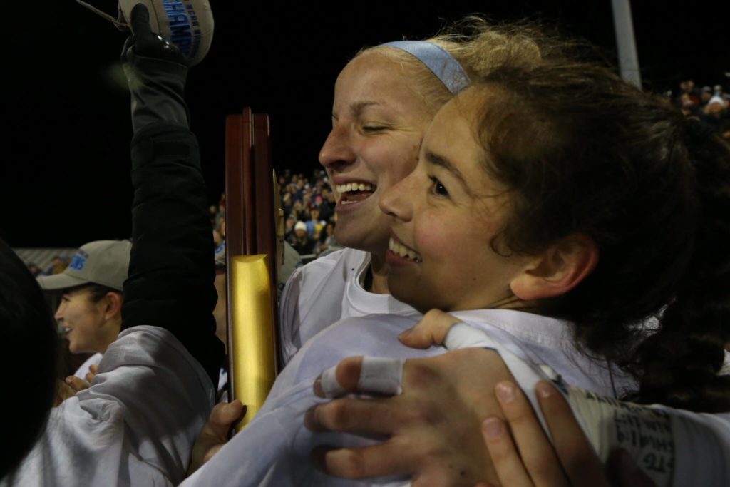 Western Washington’s Dayana Diaz (right), a Granite Falls graduate, celebrates with a teammate after the NCAA Division II national championship match against West Chester on Dec. 3, 2022, at Interbay Stadium in Seattle. (WWU photo)
