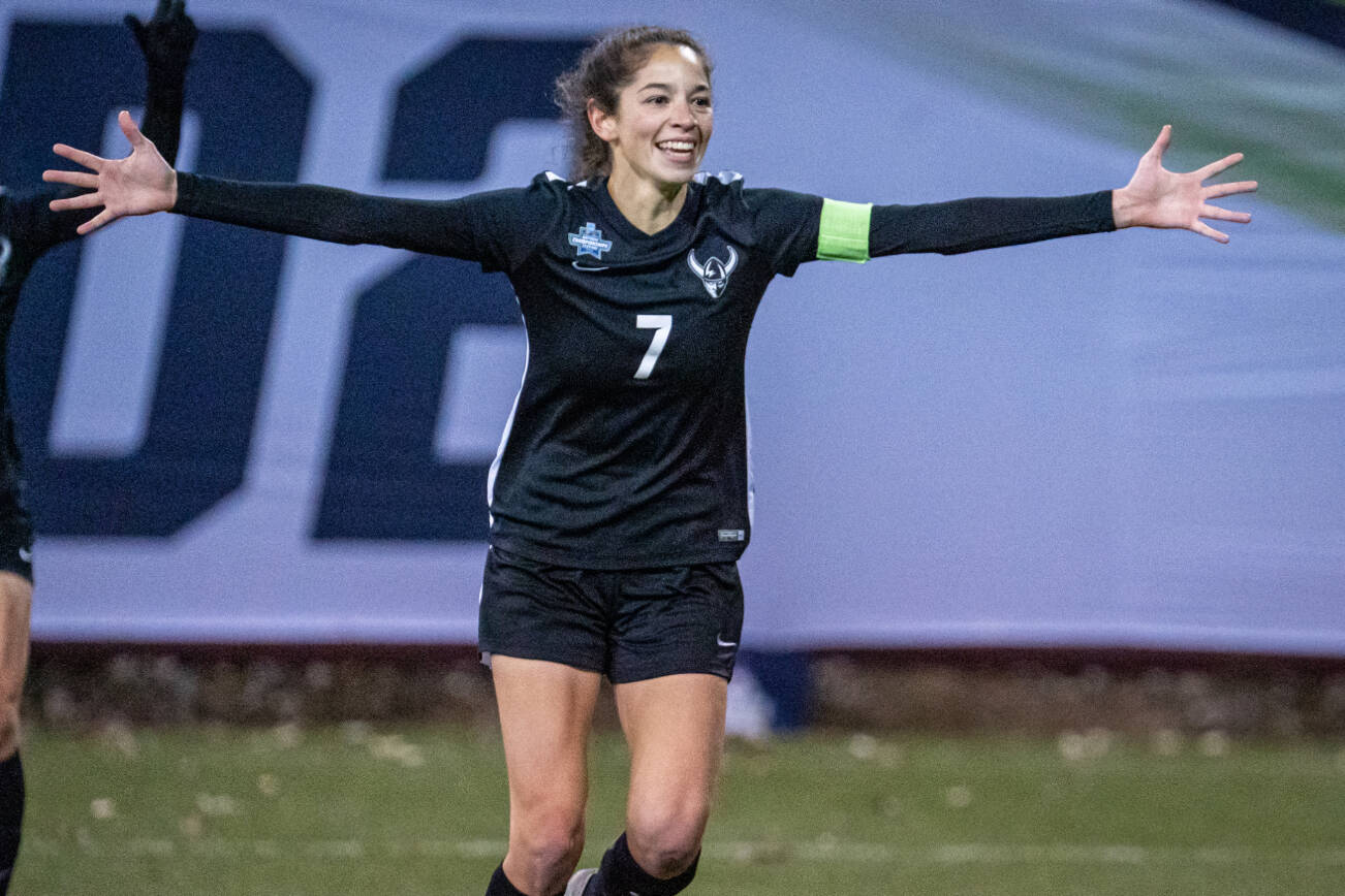 Western Washington's Dayana Diaz, a Granite Falls graduate, celebrates during an NCAA Division II national semifinal game against Columbus State on Dec. 1, 2022, at Interbay Stadium in Seattle. (WWU photo)