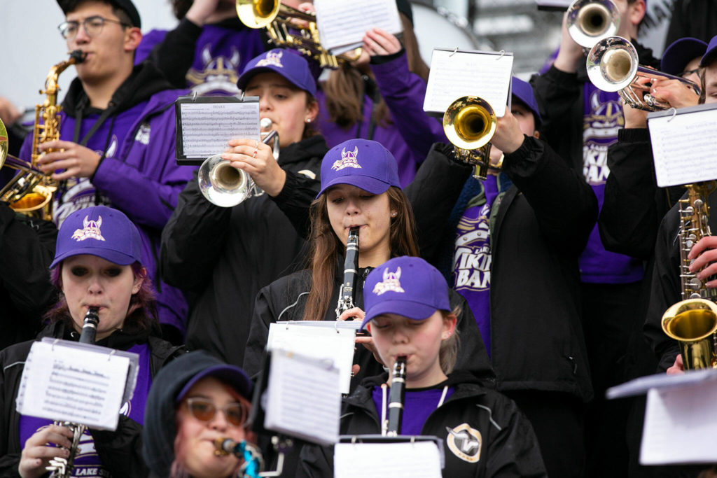 The Lake Stevens band plays their team onto the field during the school’s 4A football championship parade Saturday, Dec. 10, 2022, in Lake Stevens, Washington. (Ryan Berry / The Herald)
