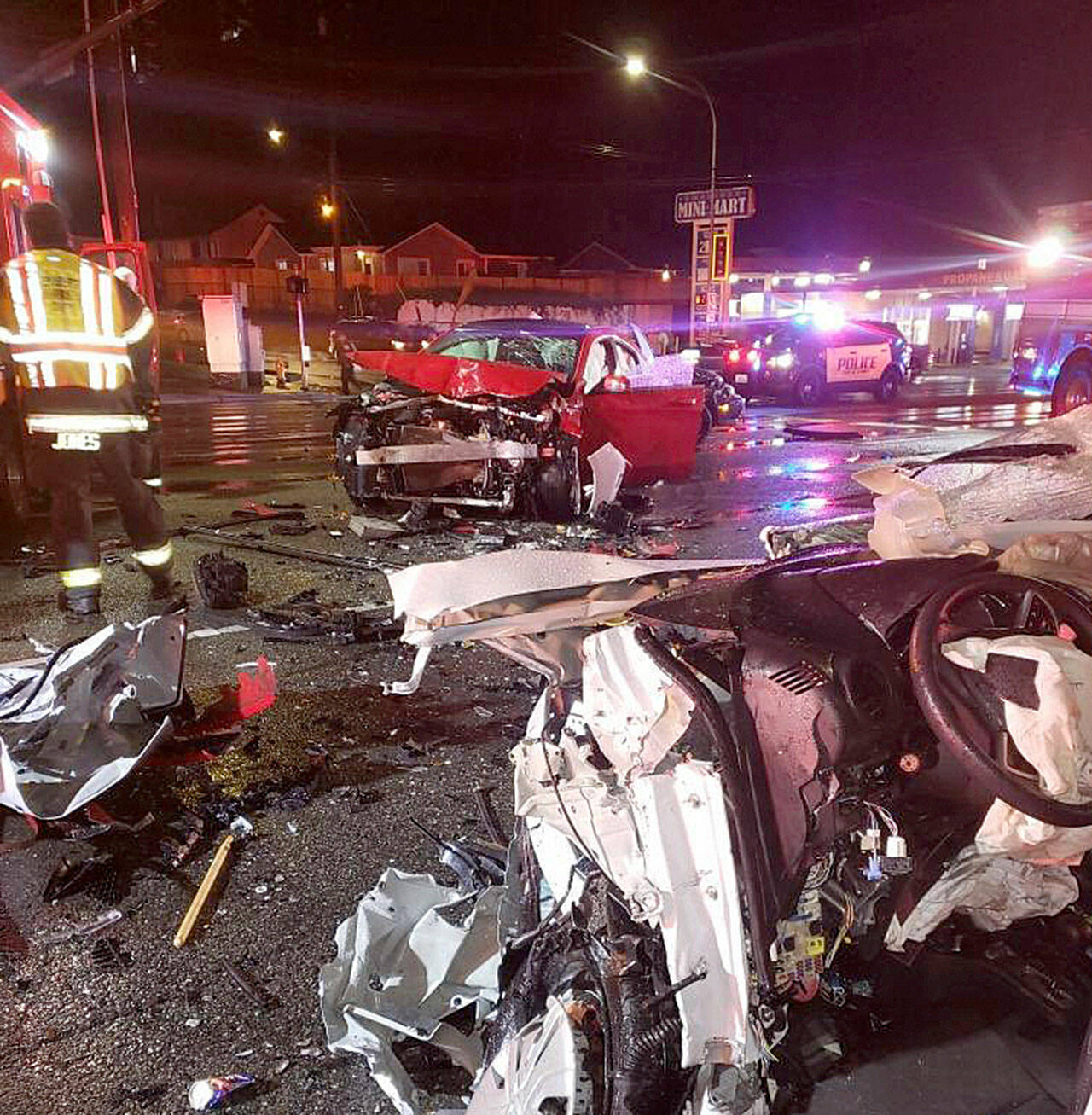 Four people were injured Saturday night in a three-vehicle crash on Evergreen Way near Pecks Drive in Everett. (Everett Fire Department)