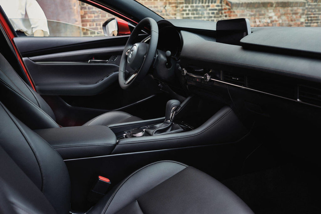Upscale materials and quality construction highlight the 2023 Mazda3 hatchback’s elegant interior. (Mazda)
