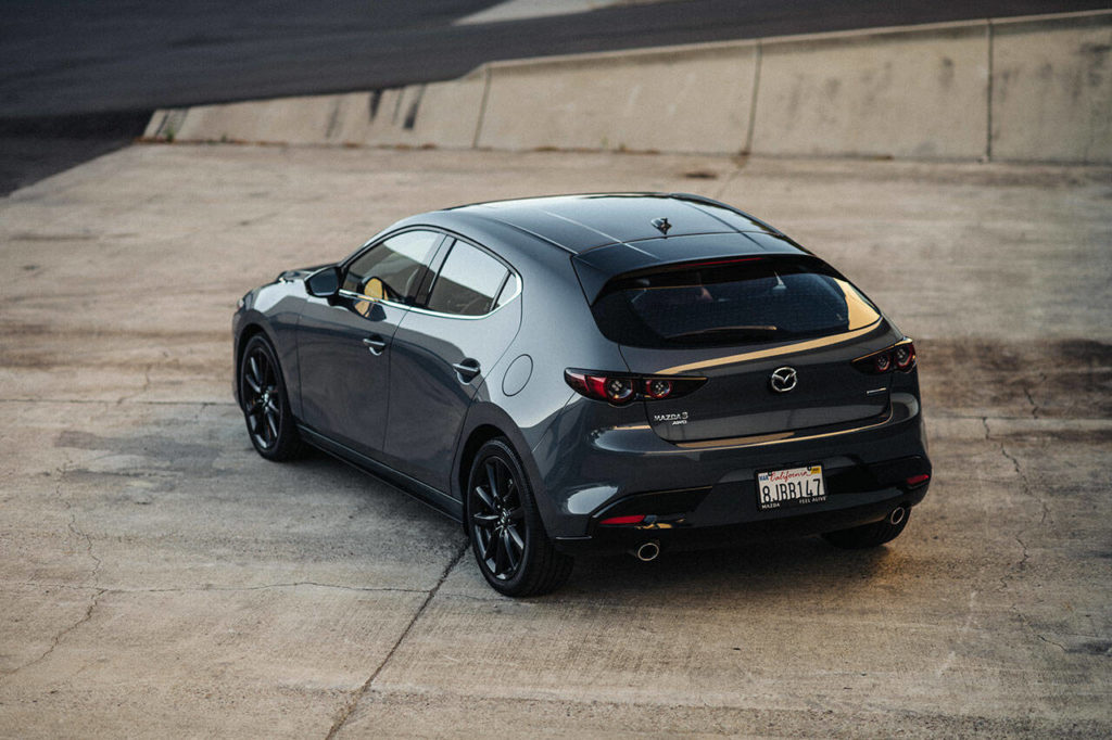 The 2023 Mazda3 hatchback has 20.1 cubic feet of cargo space that expands to 47.1 cubic feet with rear seats folded. (Mazda) 
