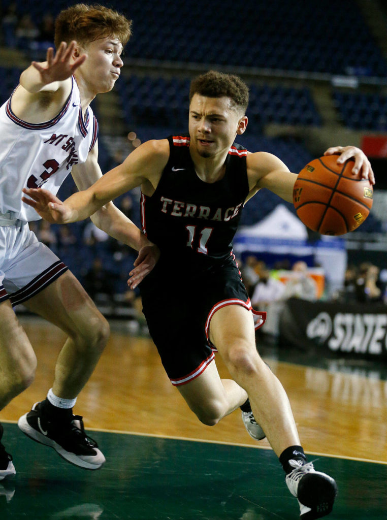 Mountlake Terrace’s Chris Meegan drives with the ball against Mt. Spokane on March 3 during a Class 3A Hardwood Classic matchup at the Tacoma Dome in Tacoma. (Ryan Berry / The Herald)
