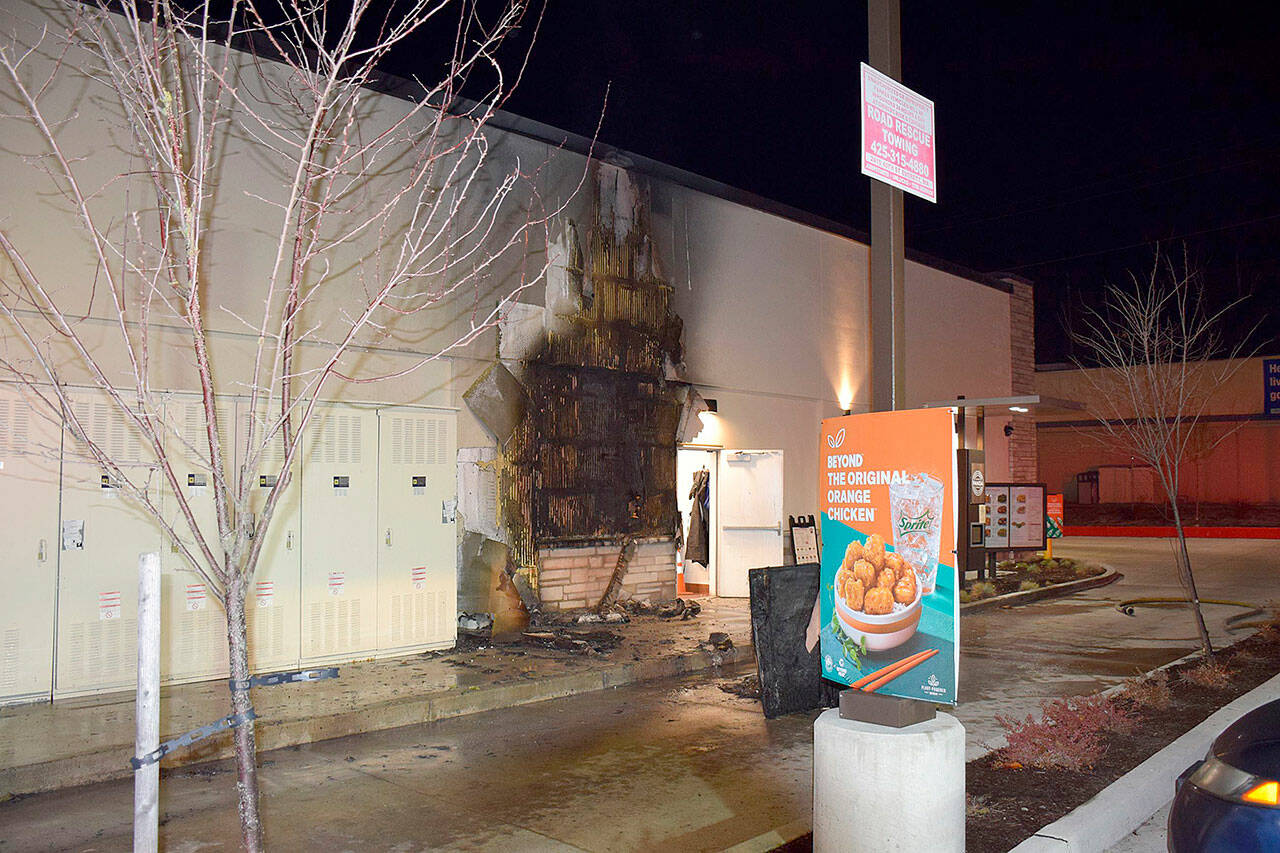 A fire damaged the rear of a commercial building early Tuesday morning at 8417 Evergreen Way in Everett. (Everett Fire Department)