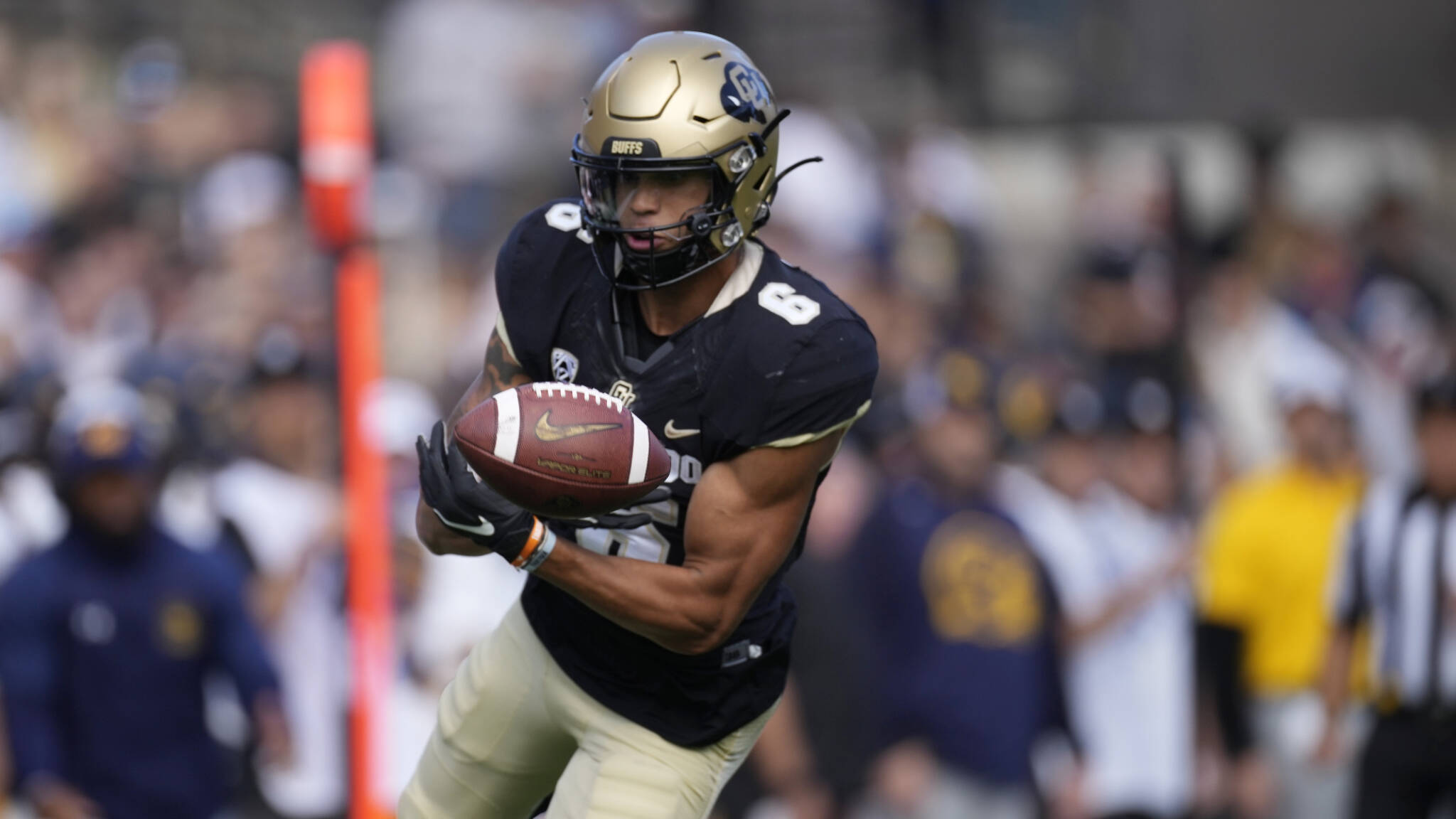 Colorado wide receiver Daniel Arias, a Jackson High School alum, runs after a catch during a game on Oct. 15, 2022, in Boulder, Colo. (AP Photo/David Zalubowski)