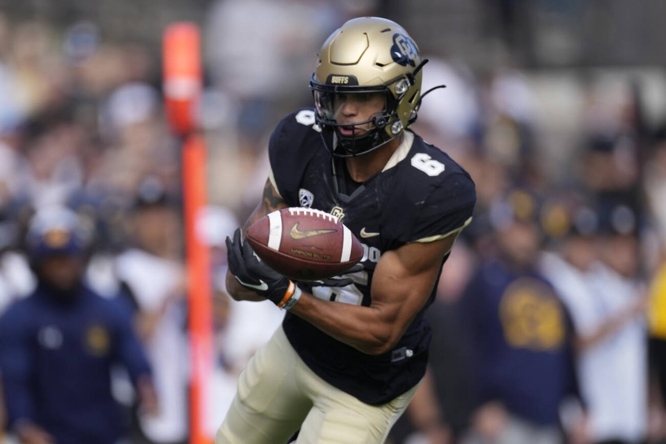 Colorado wide receiver Daniel Arias (6) in the first half of an NCAA college football game in Folsom Field Saturday, Oct. 15, 2022, in Boulder, Colo. (AP Photo/David Zalubowski)