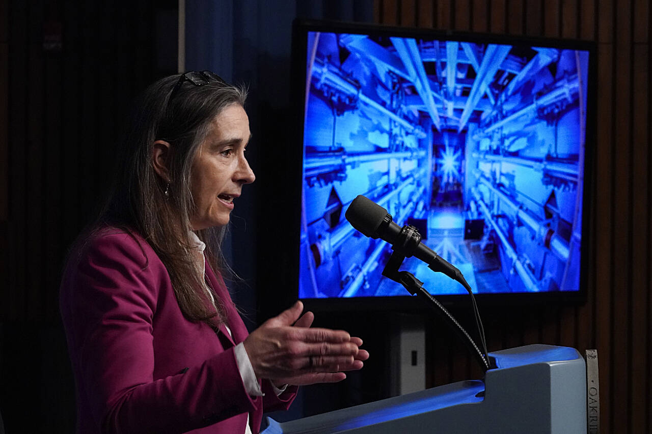 Kim Budil, director of the Lawrence Livermore National Laboratory, discusses a major scientific breakthrough in fusion research that was made at the lab in California, during a news conference at the Department of Energy in Washington, D.C., Dec. 13. (J. Scott Applewhite / Associated Press)