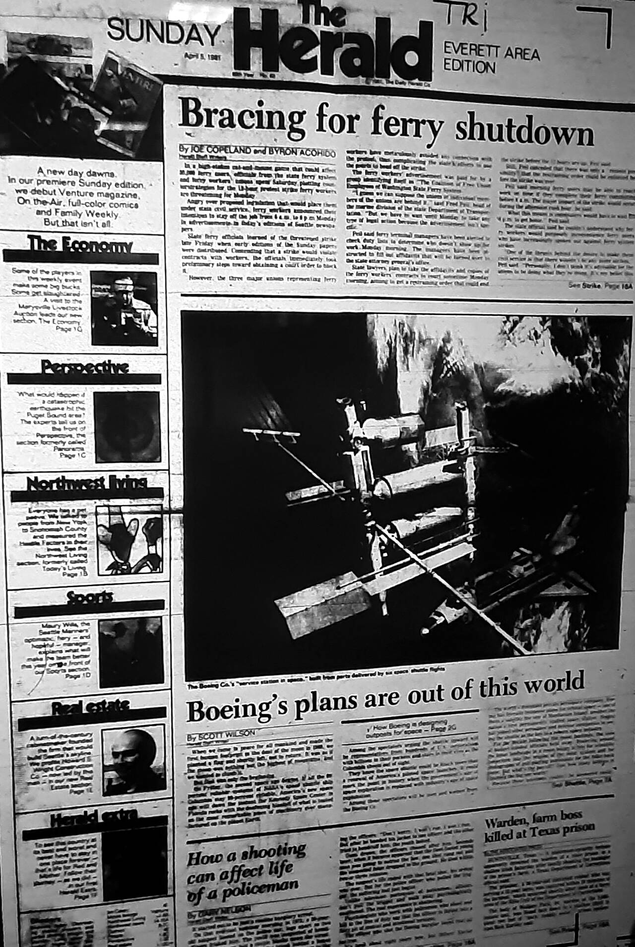 The Herald’s first Sunday edition, shown here on a microfilm viewer, was published April 5, 1981. (Julie Muhlstein / The Herald)