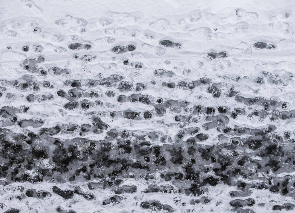 Ice freezes over footprints along Rockefeller Avenue on Thursday, in Everett. (Olivia Vanni / The Herald) 
