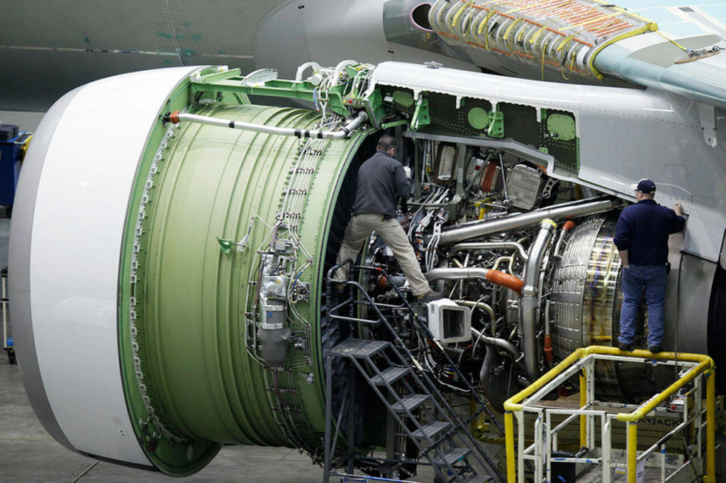 Workers assemble a Boeing 777 airplane on Jan. 30, 2009 at Boeing Co.’s airplane assembly plant in Everett. (AP Photo / Ted S. Warren)

