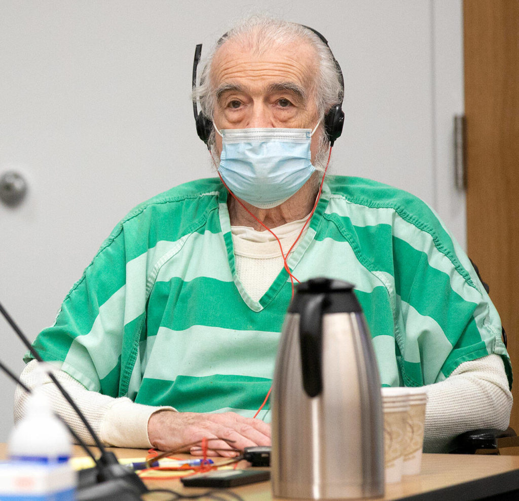 Lloyd Richmond looks up while listening to his sentence for the 2021 murder of 49-year-old Justin Allan on Friday, at Snohomish County Superior Court in Everett. (Ryan Berry / The Herald) 
