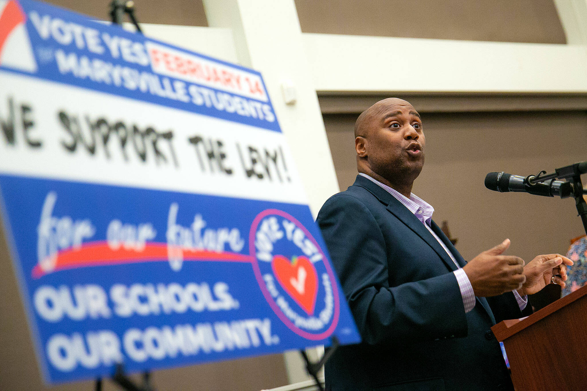 Marysville School District Superintendent Zac Robbins, who took his role as head of the district last year, speaks during an event kicking off a pro-levy campaign heading into a February election on Jan. 5, at the Marysville Historical Society Museum in Marysville. (Ryan Berry / The Herald)