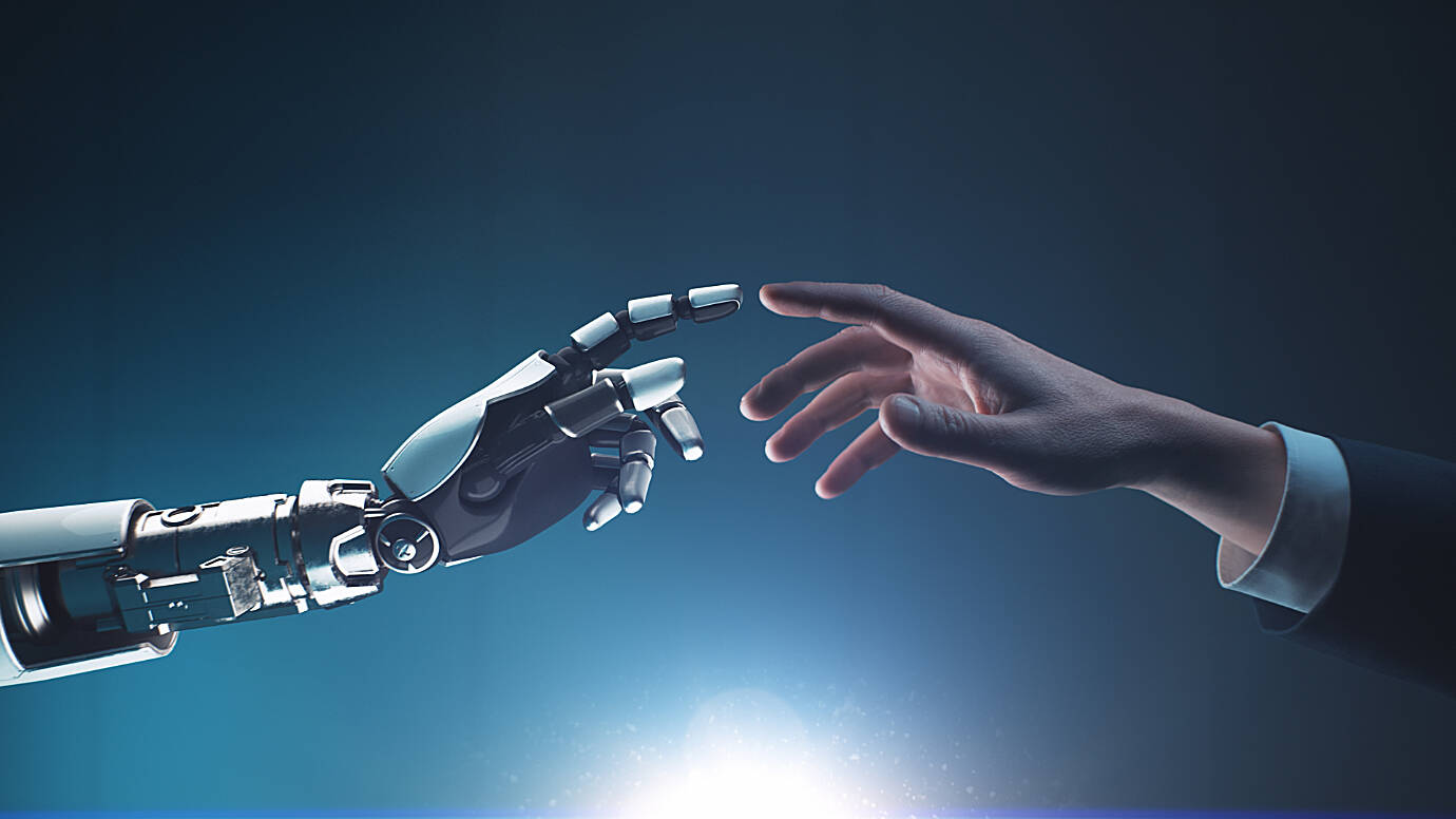 3D Render unrecognizable entrepreneur in suit reaching out and touching hand of android against dark blue background