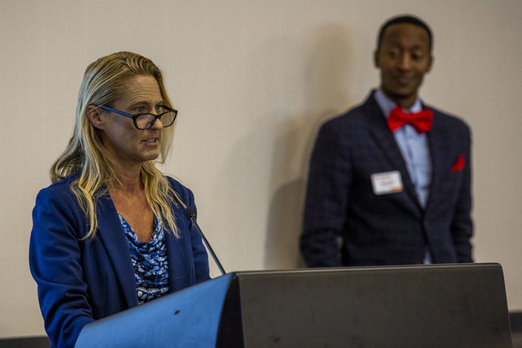 Snohomish County Executive Policy Officer Stephanie Wright speaks during the Economic Alliance Snohomish County 2023 Legislative Kick-off on Thursday, at Hotel Indigo in Everett. (Annie Barker / The Herald)
