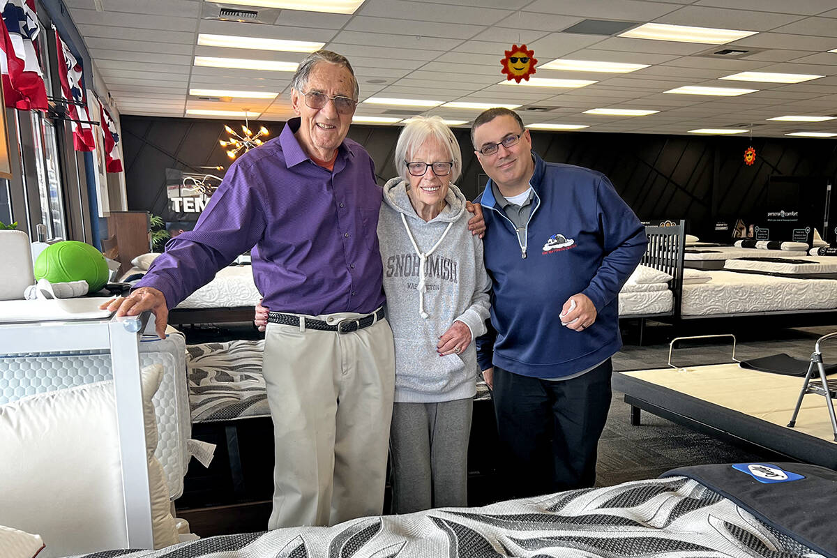 Bob and Gaile Ade with Joshua Rigsby, co-owner of ESC Mattress Center in Everett. Photo courtesy ESC Mattress Center.