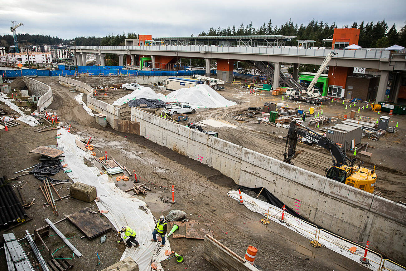 Construction continues on the Mountlake Terrace Transit Center on Monday, Jan. 9, 2023 in Mountlake Terrace, Washington. (Olivia Vanni / The Herald)