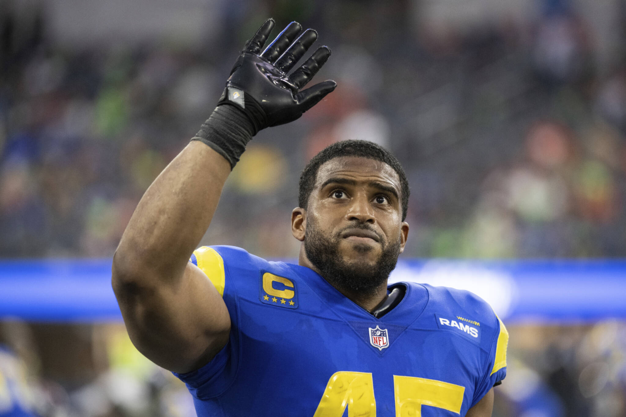 Los Angeles Rams linebacker Bobby Wagner waves towards the stands during a game against the Denver Broncos on Dec. 25, 2022, in Inglewood, Calif. Wagner is set to play his first game at Lumen Field since being released by the Seattle Seahawks. (AP Photo/Kyusung Gong)