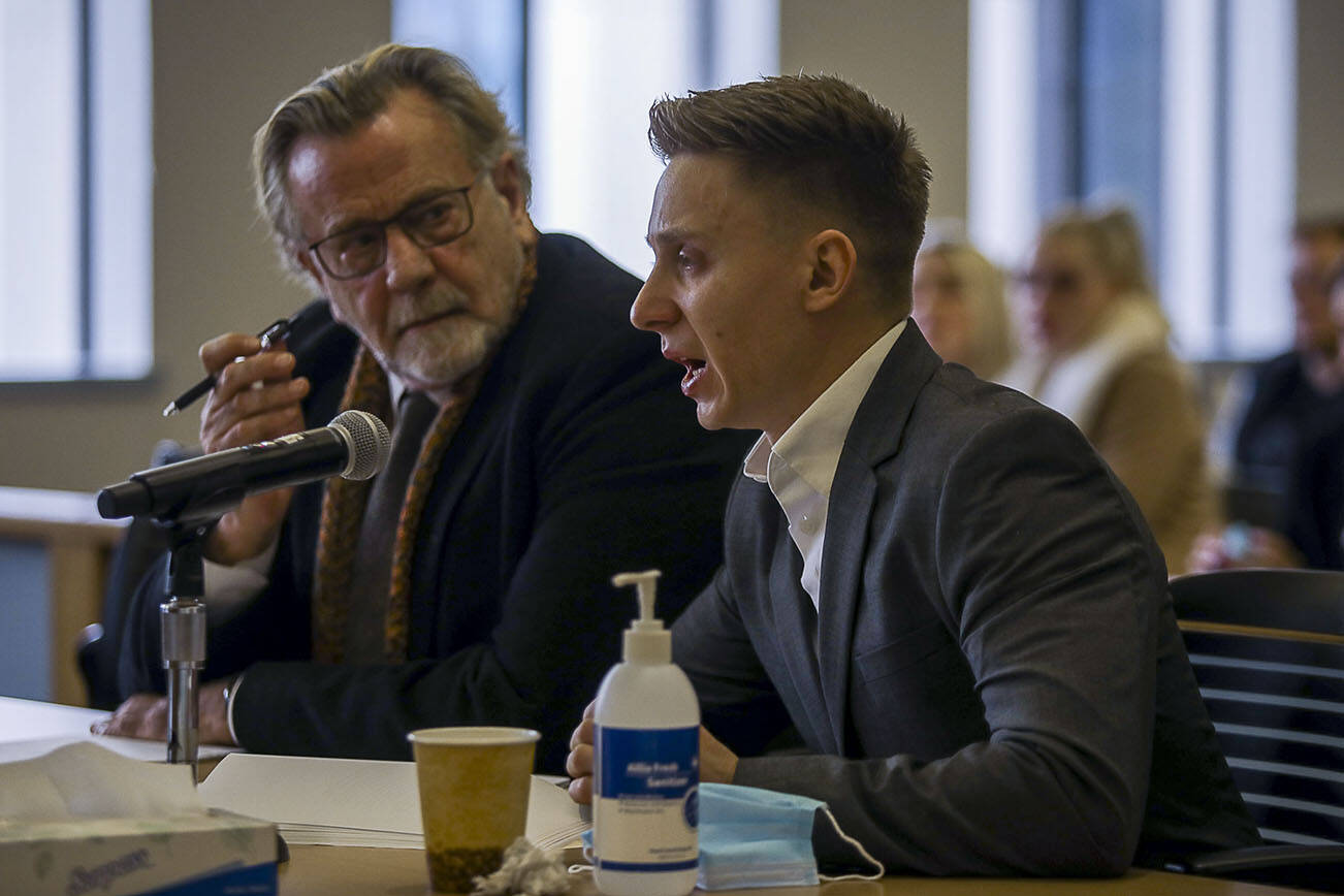 Ilya Hrudzko speaks during his sentencing for when he drove into a tree in Stanwood in 2020 and killed his passenger, in Snohomish County Superior Court in Everett, Washington, on Monday, Jan. 9, 2023.  (Annie Barker / The Herald)