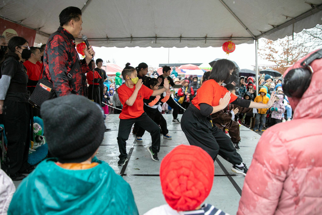 Students from Northwest Kung Fu and Fitness demonstrate their martial arts skills Saturday during a celebration of the Lunar New Year in downtown Edmonds. (Ryan Berry / The Herald)
