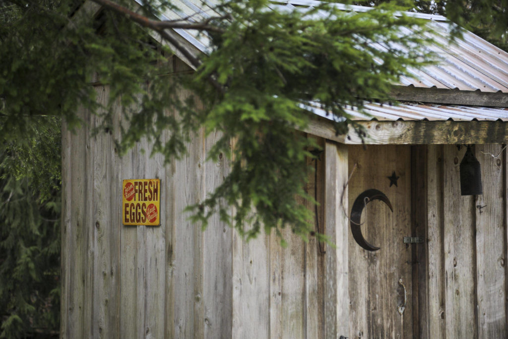 A “Fresh Eggs” sign at Hearth and Haven Farm in Monroe, Washington on Wednesday, Jan. 11, 2023. (Annie Barker / The Herald)
