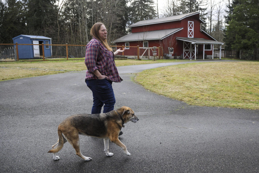 Elaine Kellner, 42, walks around empty pens and areas with her dog Penny at Hearth and Haven Farm in Monroe, Washington on Wednesday, Jan. 11, 2023. (Annie Barker / The Herald)
