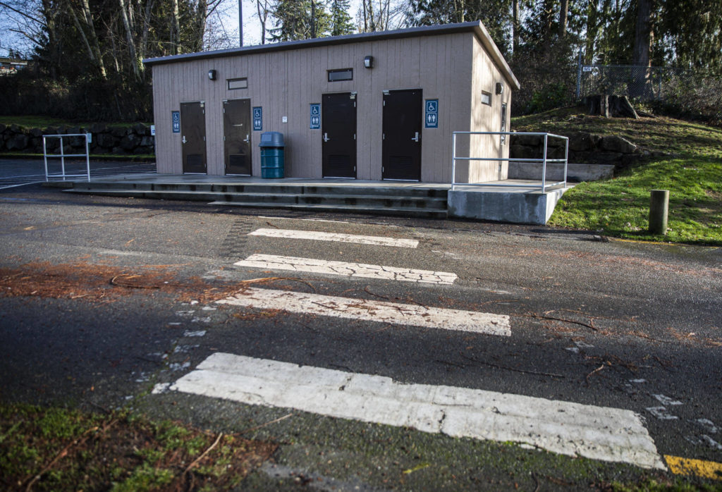 New bathrooms opened in early 2022 at Ballinger Park near the boat launch and fishing pier in Mountlake Terrace. (Olivia Vanni / The Herald)
