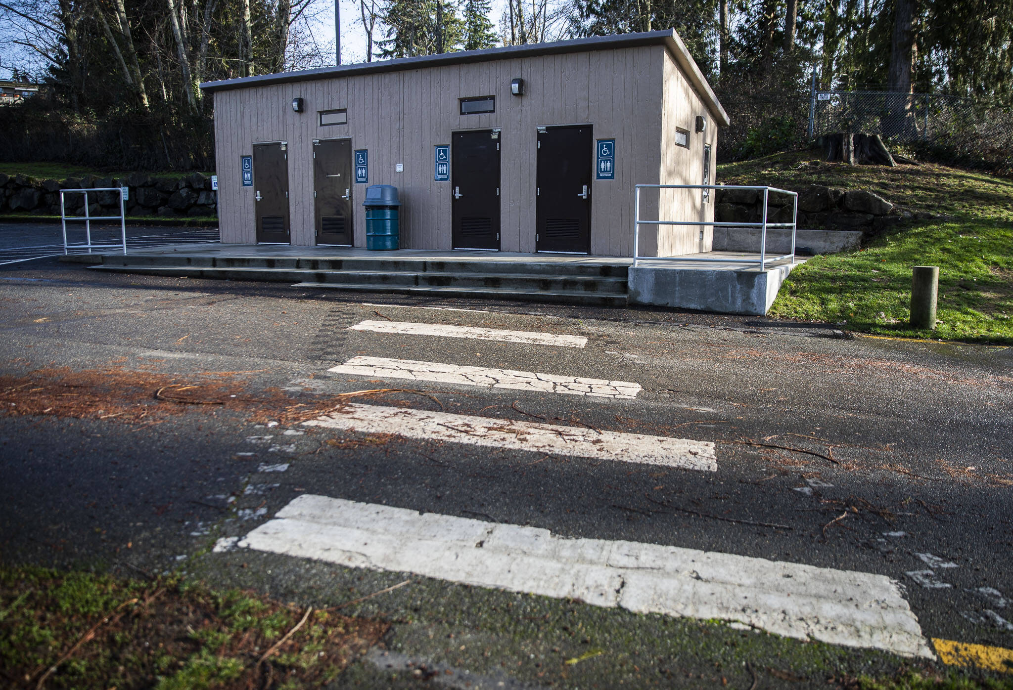New bathrooms opened in early 2022 at Ballinger Park near the boat launch and fishing pier in Mountlake Terrace. (Olivia Vanni / The Herald)