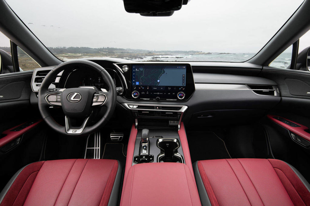An optional Lexus Interface multimedia system with 14-inch touchscreen dominates the RX 500h interior. (Lexus)
