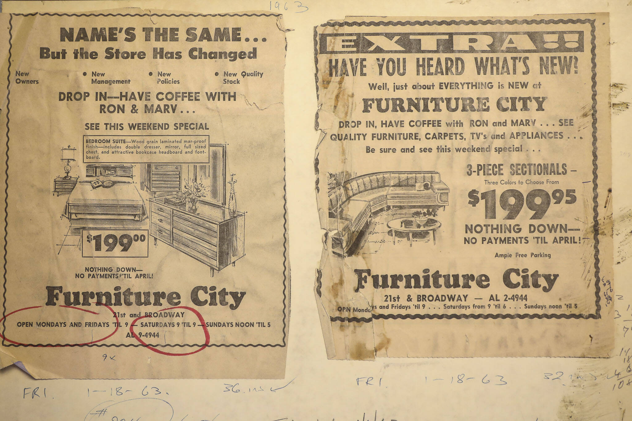 Furniture ads from 1963 are displayed at Behar’s Furniture on Monday. Behar’s Furniture on Broadway in Everett is closing up shop after 60 years in business. The family-owned furniture store opened in 1963, when mid-century model styles were all the rage. Second-generation owner, Jay Behar says it’s time to move on. (Annie Barker / The Herald)